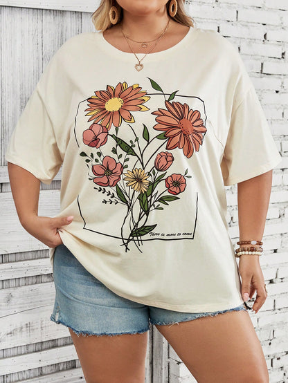 CURVE+ Plus Size Women's Vacation Round Neck Short Sleeved Loose T-Shirt, Pattern Beige Boho Cottage Core Business Casual Trail Ride Office Summer