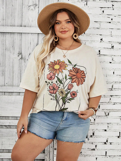 CURVE+ Plus Size Women's Vacation Round Neck Short Sleeved Loose T-Shirt, Pattern Beige Boho Cottage Core Business Casual Trail Ride Office Summer