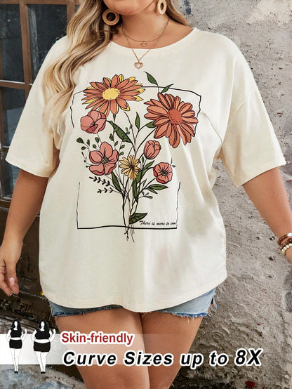 CURVE+ Plus Size Women's Vacation Round Neck Short Sleeved Loose T-Shirt, Pattern Beige Boho Cottage Core Business Casual Trail Ride Office Summer