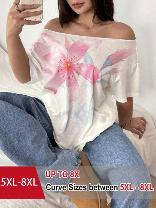 CURVE+ Plus Size Women's White Summer Smart Casual Everyday Loose Asymmetrical Neck Off-Shoulder Digital Floral Print Short Sleeve T-Shirt,Elegant Top Fall