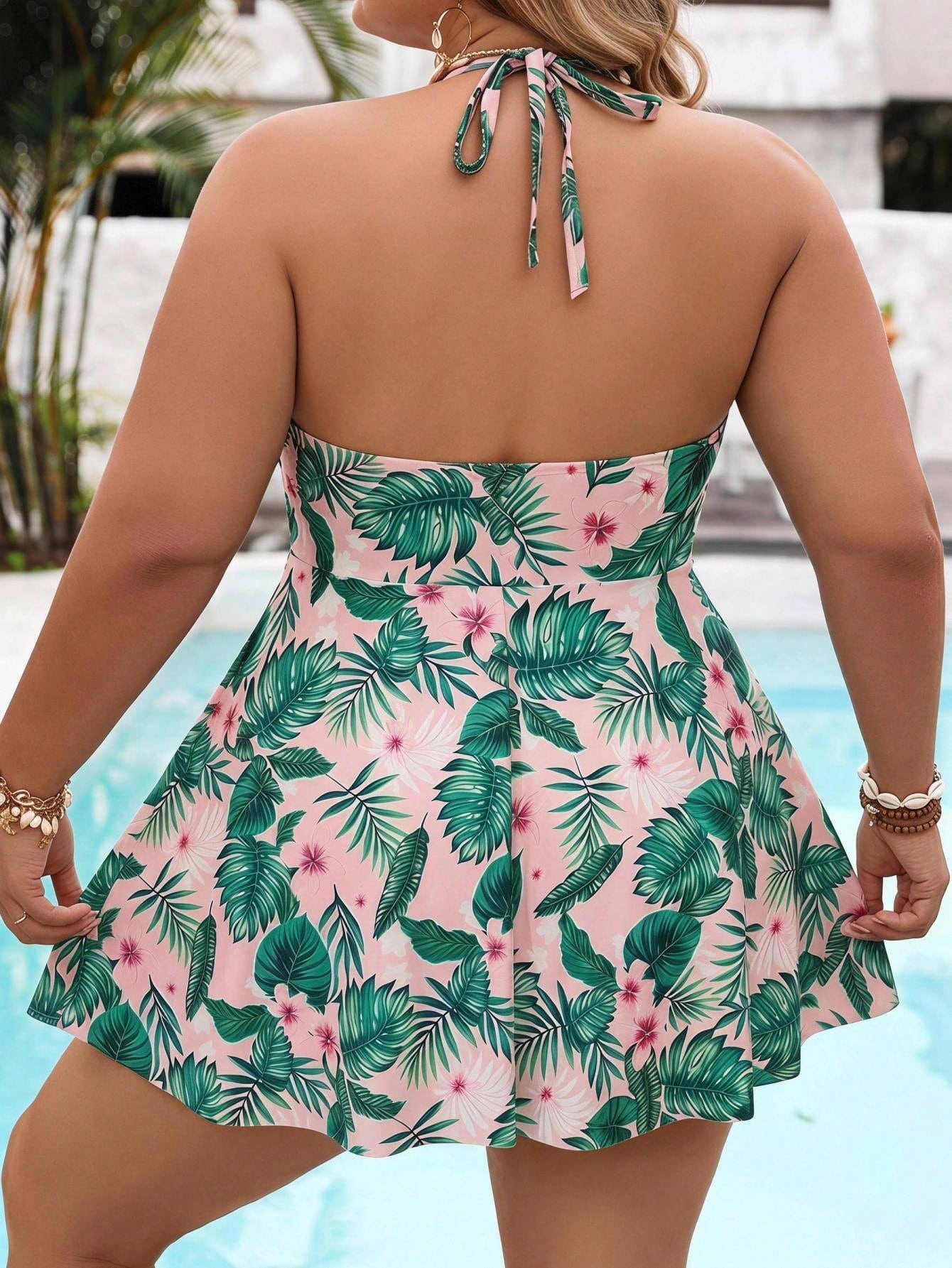 CURVE+ Plus Size Women Tropical Plant Print Halter Swimdress With Swim Shorts Bathing Suits For Women