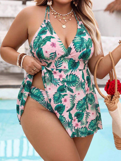 CURVE+ Plus Size Women Tropical Plant Print Halter Swimdress With Swim Shorts Bathing Suits For Women
