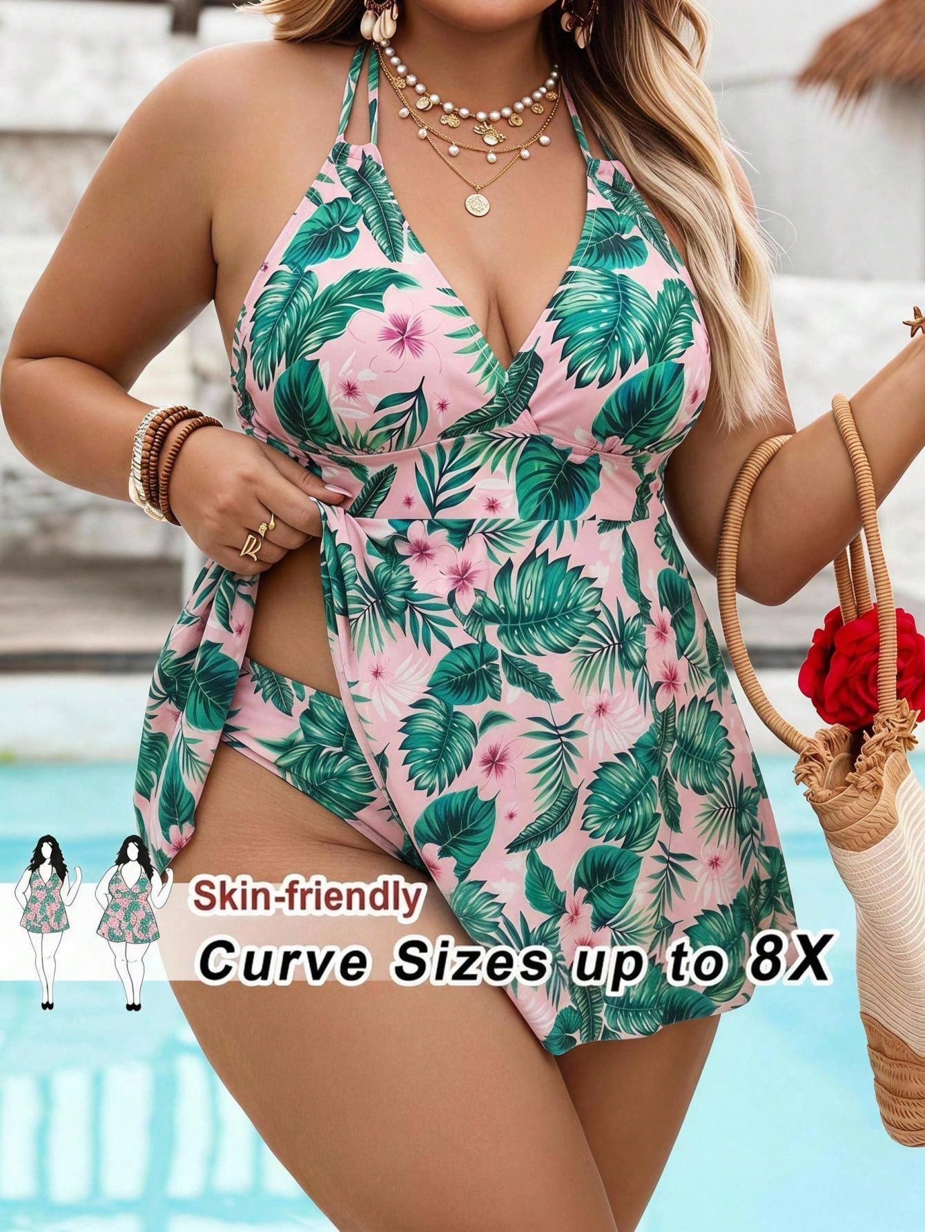 CURVE+ Plus Size Women Tropical Plant Print Halter Swimdress With Swim Shorts Bathing Suits For Women