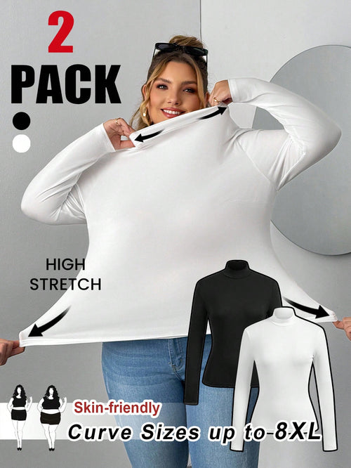 CURVE+ The Plus Size Women's Two Pieces High Neck Tight Fitting Long Sleeved Base T-Shirt Set Is Suitable For Autumn And Winter.Two Of Black White T-Shirts