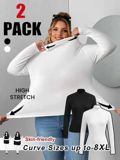 CURVE+ The Plus Size Women's Two Pieces High Neck Tight Fitting Long Sleeved Base T-Shirt Set Is Suitable For Autumn And Winter.Two Of Black White T-Shirts