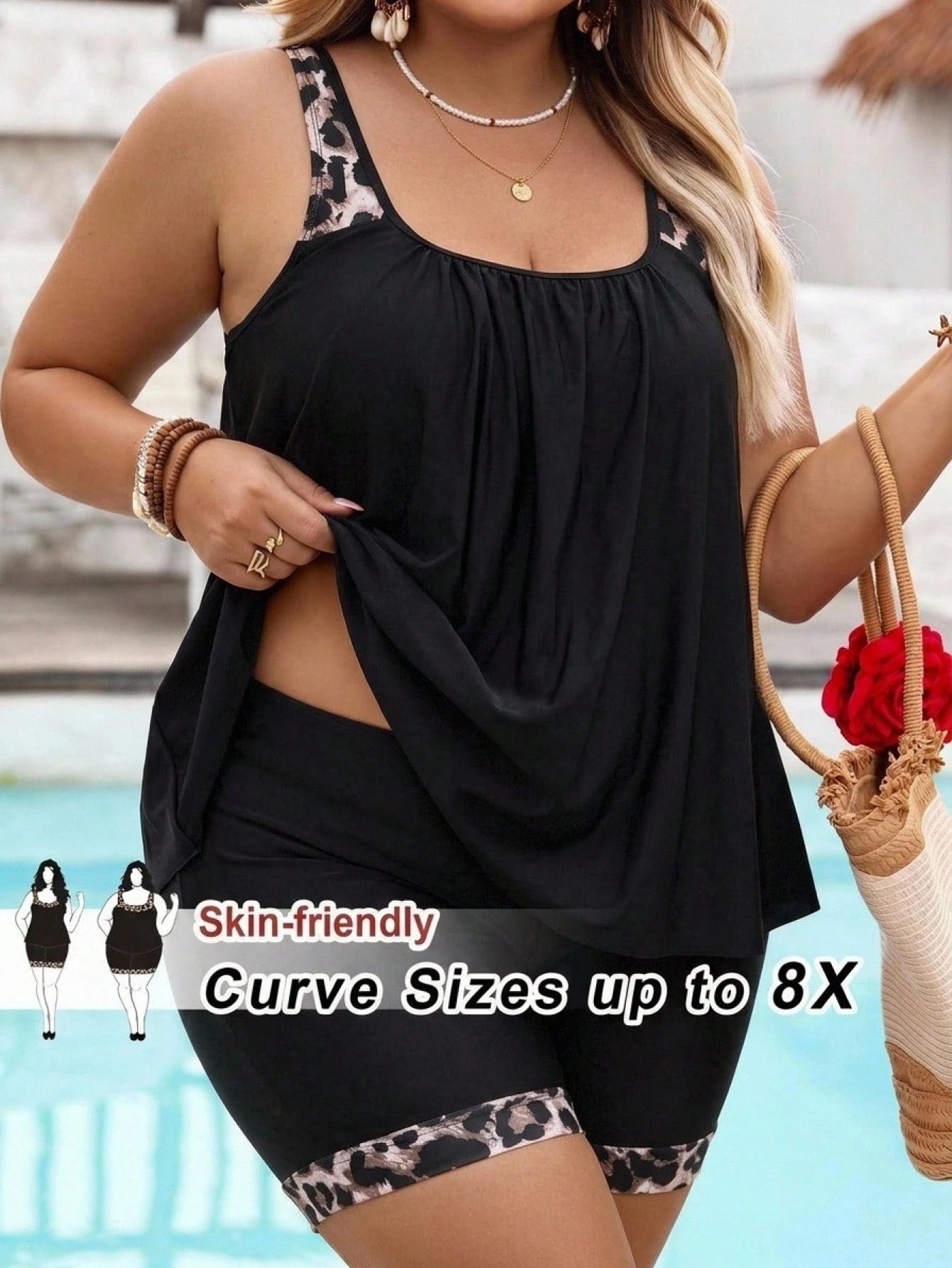CURVE+ Two Pieces Set Of Plus Size Women's Pants, Two Pieces Swimwear Set Bathing Suits For Women Swimwears For Woman
