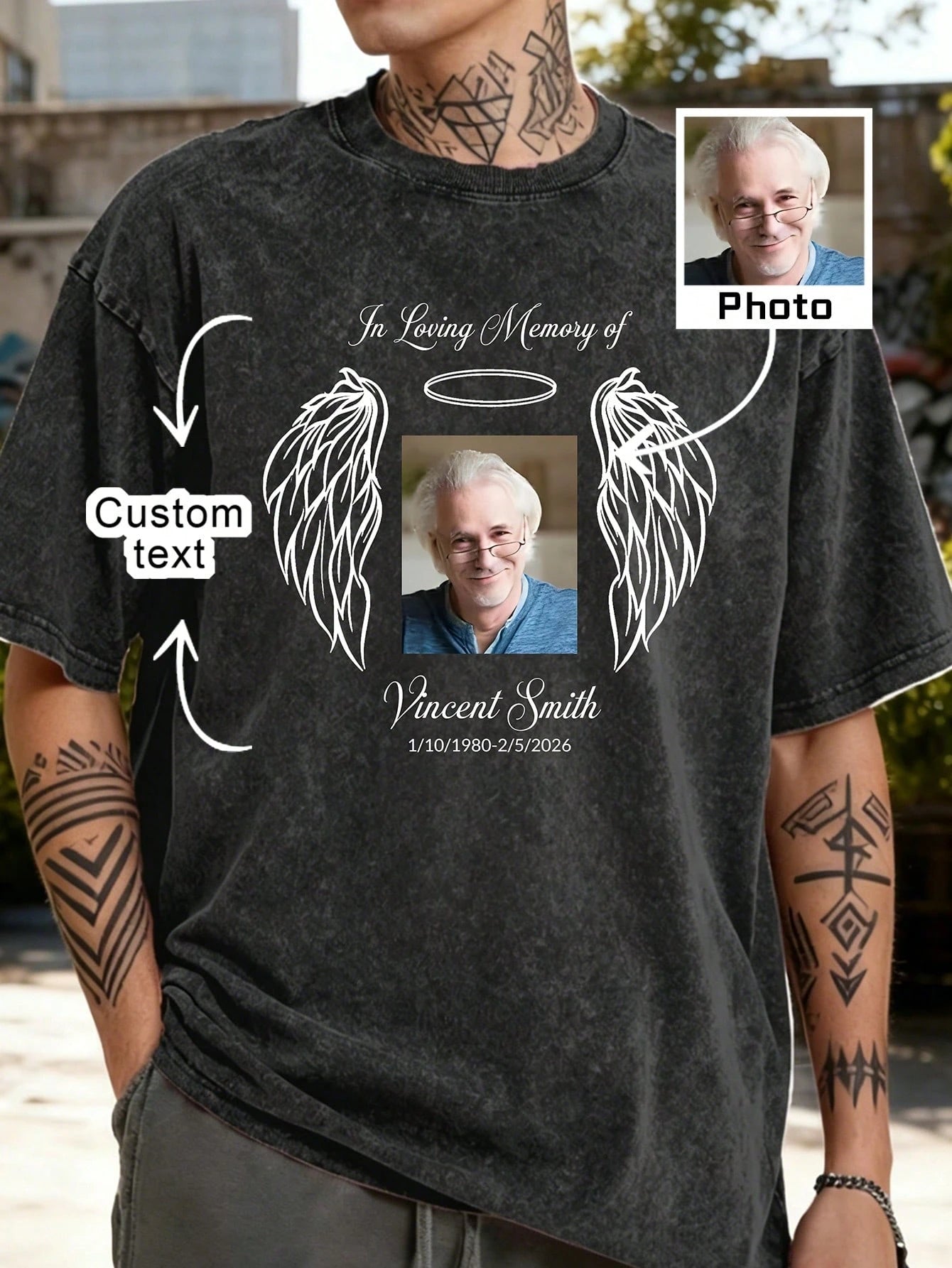 Custom-Made Washed And Distressed Men's T-Shirts, Including Custom Photos And Text, Personalized Commemorative T-Shirts, Angel Wing Prints, Heartwarming Commemorative Gifts, Loose-Fitting Casual Tops