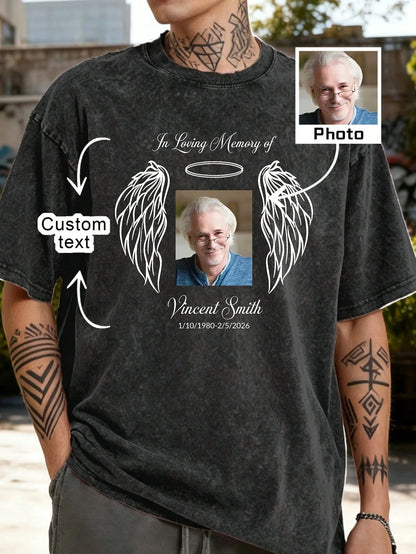 Custom-Made Washed And Distressed Men's T-Shirts, Including Custom Photos And Text, Personalized Commemorative T-Shirts, Angel Wing Prints, Heartwarming Commemorative Gifts, Loose-Fitting Casual Tops