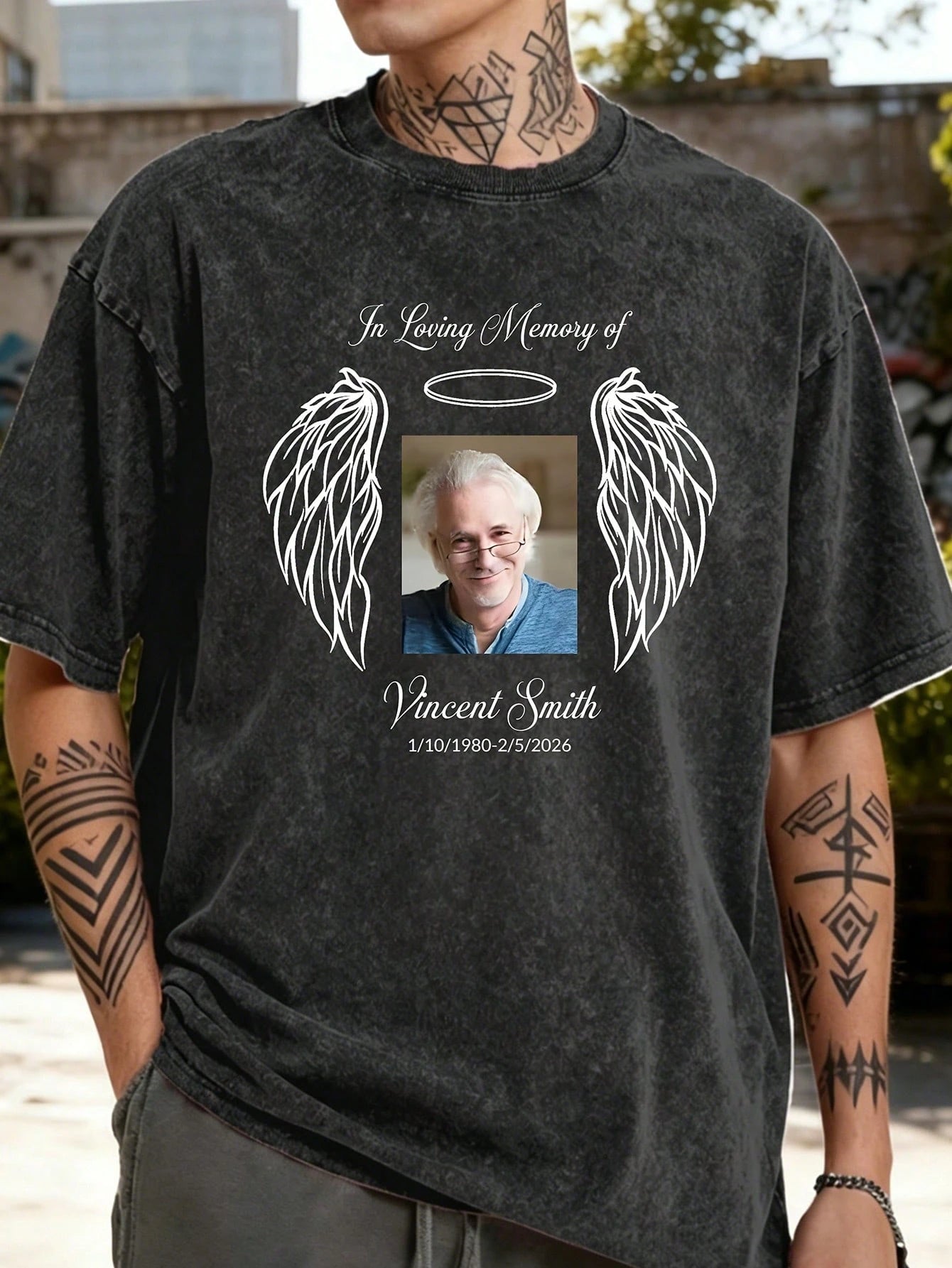 Custom-Made Washed And Distressed Men's T-Shirts, Including Custom Photos And Text, Personalized Commemorative T-Shirts, Angel Wing Prints, Heartwarming Commemorative Gifts, Loose-Fitting Casual Tops