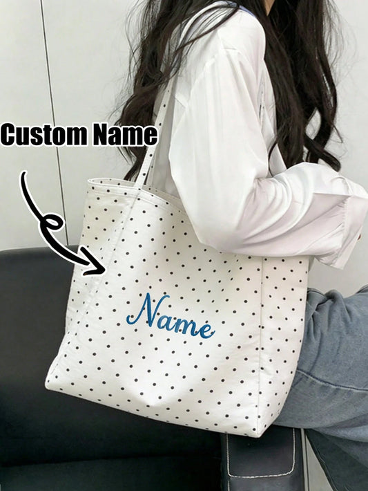 Customizable Name Large Capacity Polka Dot Canvas Tote Bag, Women's Shoulder Bag, Shopping Bag, Handbag, Autumn/Winter, Personalized Gift, Travel, Commuting, New Year, Valentine's Day, Easter, Mother'