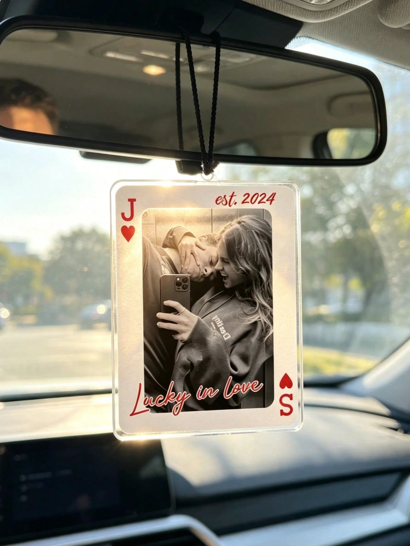 Customized 2D Flat Acrylic Car Hanging Ornament, Card Design Style, Customize Your Text And Photos, Can Embed Pet Photos Or Family Photos, Gift For Boyfriend, Gift For Husband, Gift For Couples, Anniv