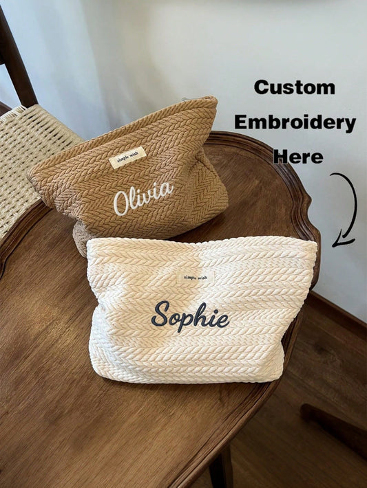 Customized Embroidered Wheat Pattern Woven For Women, Elegant Minimalist Design Travel Cosmetic Bag, Large Capacity Zipper Makeup Organizer Pouch, Portable Daily Storage Bag, Travel Essential, Persona