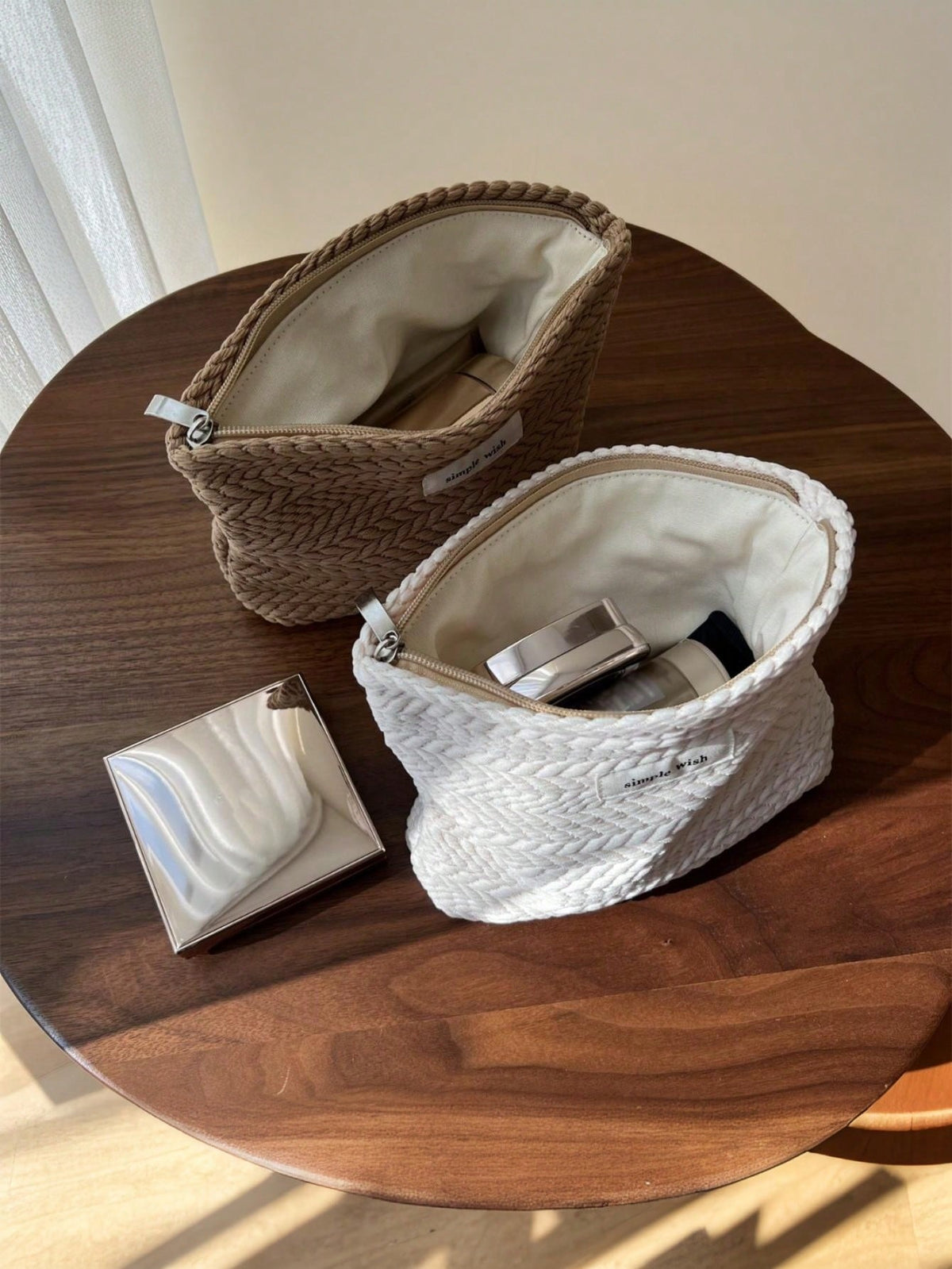 Customized Embroidered Wheat Pattern Woven For Women, Elegant Minimalist Design Travel Cosmetic Bag, Large Capacity Zipper Makeup Organizer Pouch, Portable Daily Storage Bag, Travel Essential, Persona