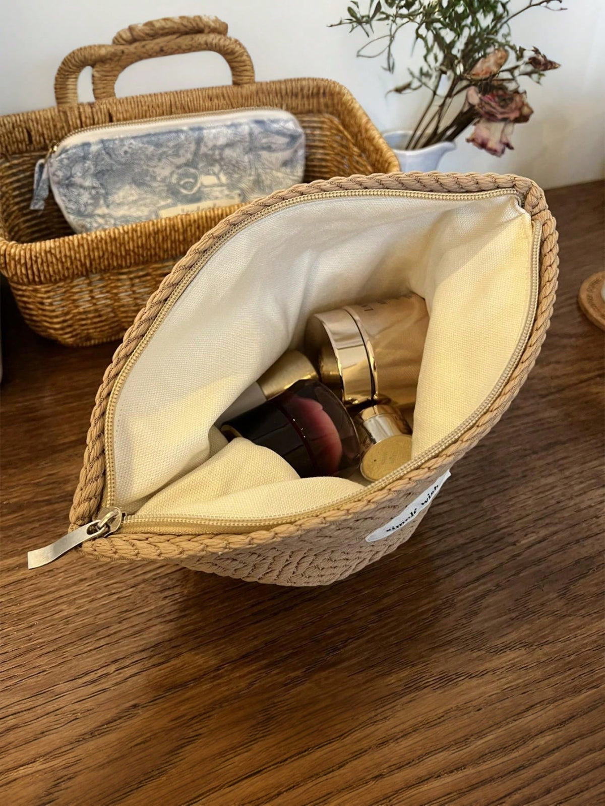 Customized Embroidered Wheat Pattern Woven For Women, Elegant Minimalist Design Travel Cosmetic Bag, Large Capacity Zipper Makeup Organizer Pouch, Portable Daily Storage Bag, Travel Essential, Persona