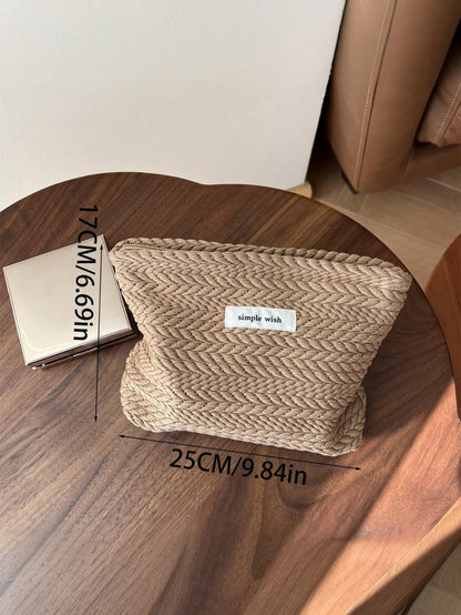 Customized Embroidered Wheat Pattern Woven For Women, Elegant Minimalist Design Travel Cosmetic Bag, Large Capacity Zipper Makeup Organizer Pouch, Portable Daily Storage Bag, Travel Essential, Persona