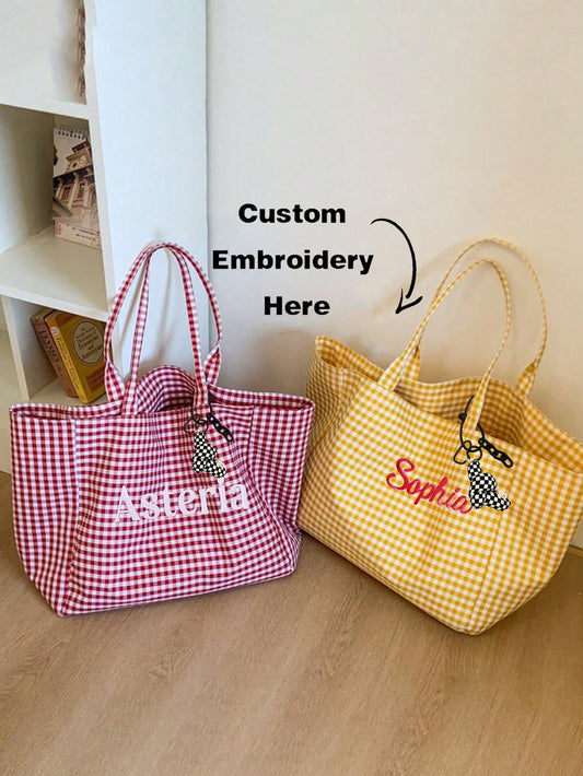 (Customized) Korean Style Summer Personalized Embroidered Letter Tote Bag, Large Capacity Canvas Commuter Shoulder Bag, For Outdoor Travel, Gift For Holidays, Graduation, Mother's Day, Souvenir, Craft