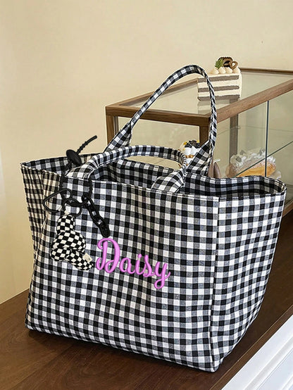 (Customized) Korean Style Summer Personalized Embroidered Letter Tote Bag, Large Capacity Canvas Commuter Shoulder Bag, For Outdoor Travel, Gift For Holidays, Graduation, Mother's Day, Souvenir, Craft