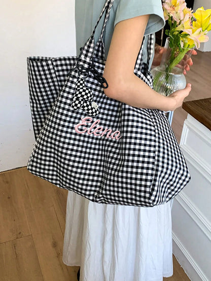 (Customized) Korean Style Summer Personalized Embroidered Letter Tote Bag, Large Capacity Canvas Commuter Shoulder Bag, For Outdoor Travel, Gift For Holidays, Graduation, Mother's Day, Souvenir, Craft