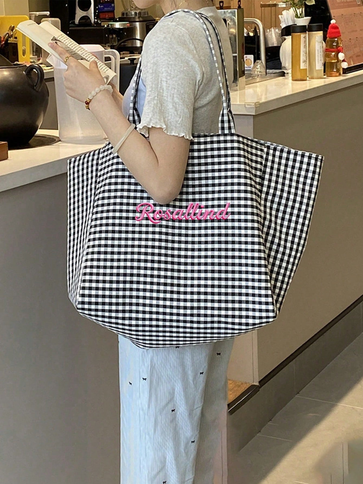 (Customized) Korean Style Summer Personalized Embroidered Letter Tote Bag, Large Capacity Canvas Commuter Shoulder Bag, For Outdoor Travel, Gift For Holidays, Graduation, Mother's Day, Souvenir, Craft