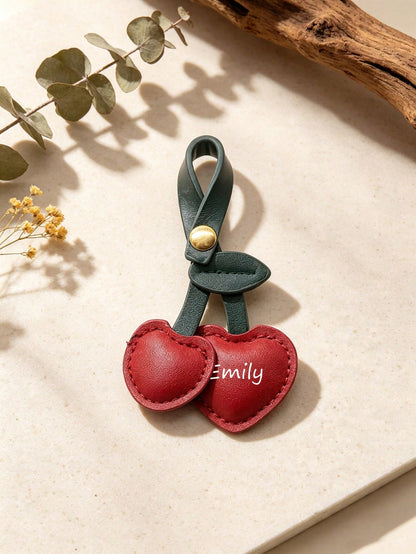 Customized Pastoral Style PU Leather Cherry Bag Charm, European And American Ins Pastoral Style PU Leather Cherry Key Pouch Decor, Leather Padded Cute Cherry Small Pendant, Customizable Personalized B