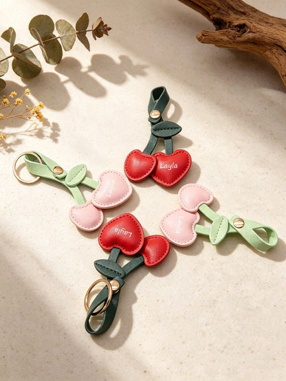 Customized Pastoral Style PU Leather Cherry Bag Charm, European And American Ins Pastoral Style PU Leather Cherry Key Pouch Decor, Leather Padded Cute Cherry Small Pendant, Customizable Personalized B