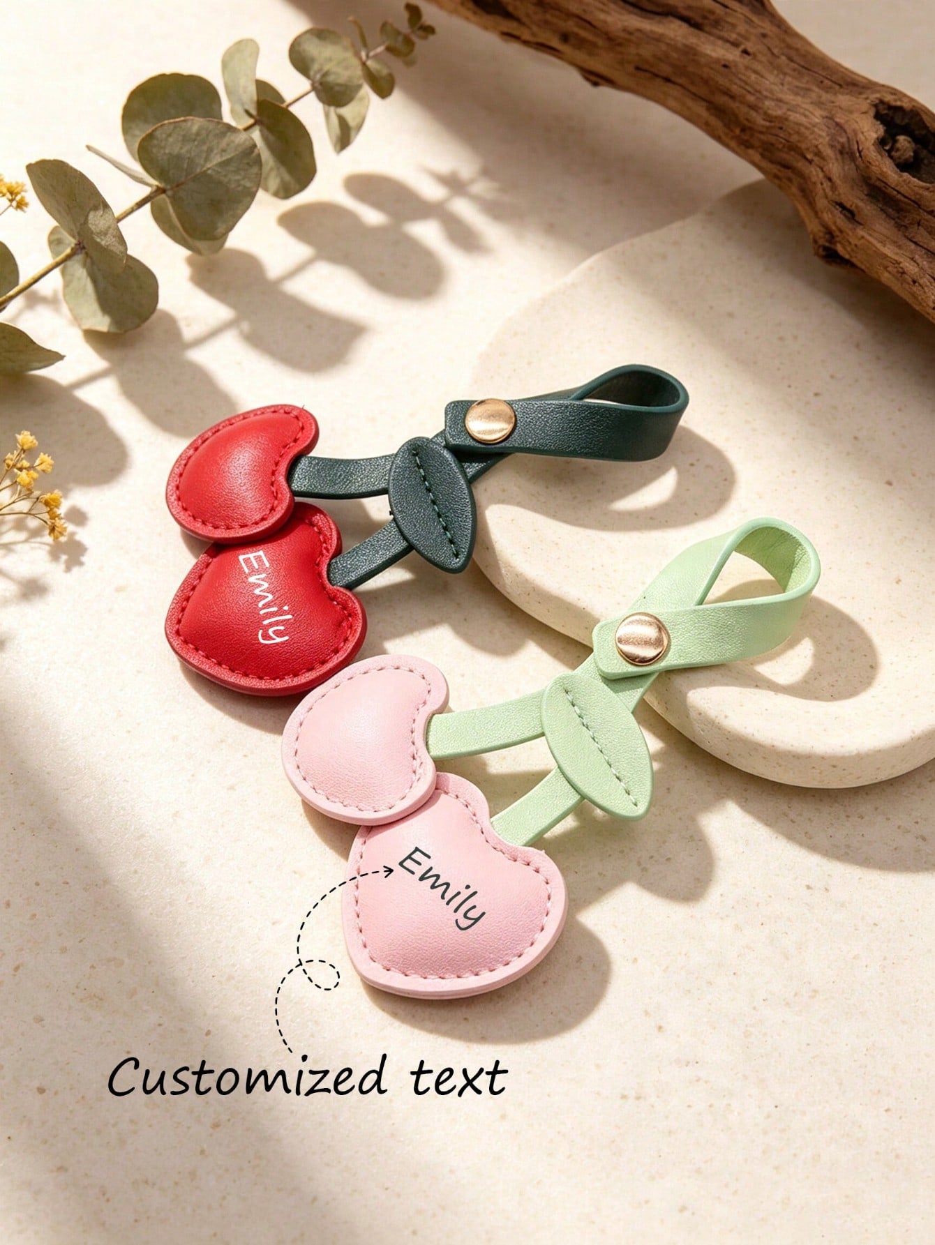Customized Pastoral Style PU Leather Cherry Bag Charm, European And American Ins Pastoral Style PU Leather Cherry Key Pouch Decor, Leather Padded Cute Cherry Small Pendant, Customizable Personalized B