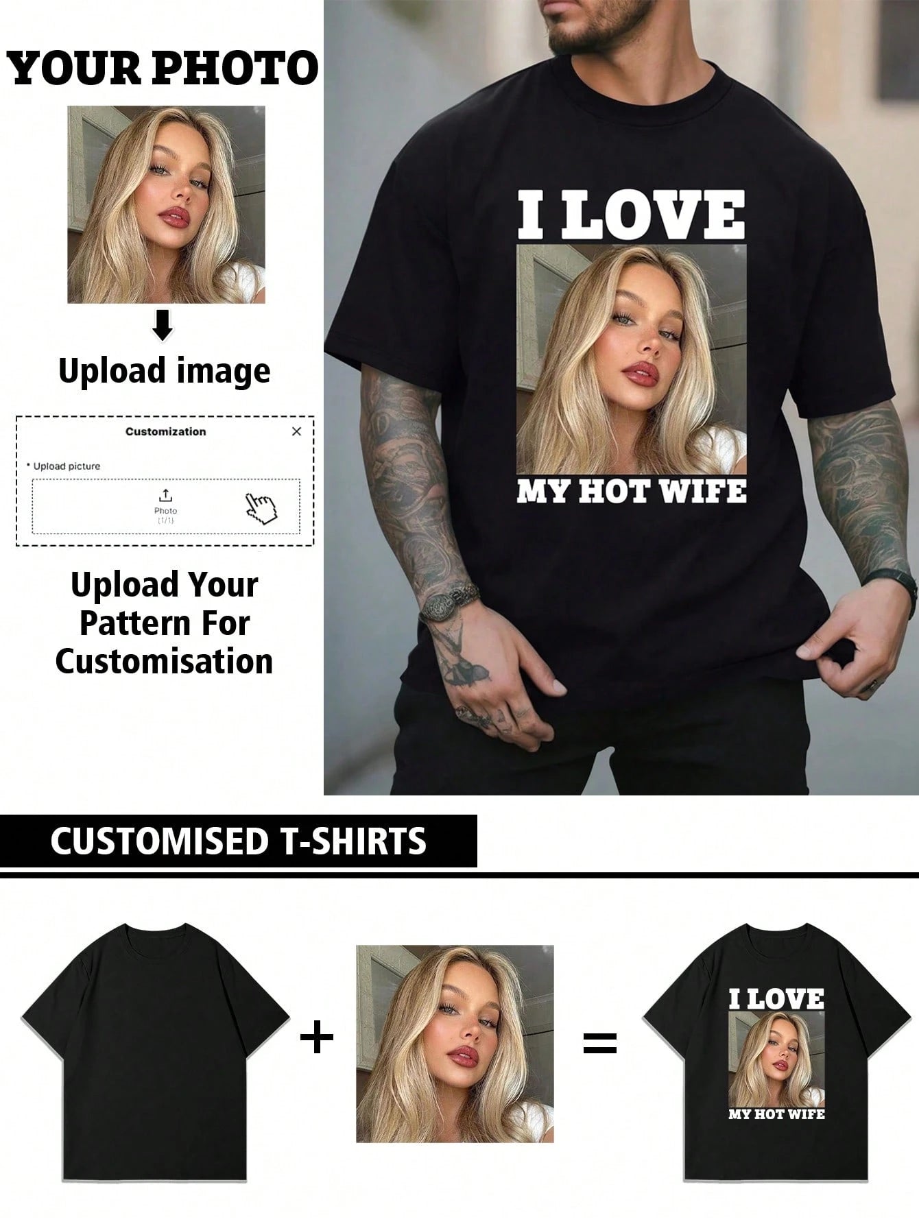 Customized Personalized "I Love My Hot Wife" Photo Men's T-Shirt, Customize Your Text/Photo/Name/Selfie/Baby/Friend/Idol/Couple/Family/Party/School/Sports/Pet Love Photo Print, Logo/Business/Company G