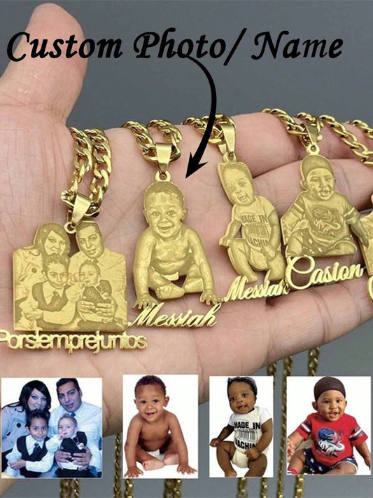 Customized Photo Text Necklace Stainless Steel Personalized Picture Nameplate Pendant Necklace For Girls Boys Commemorative Jewelry Family Gift, Birthday Gift