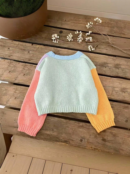 Cute Baby Girls Cardigan Sweater,Colorblock Pastel Colors Rainbow Knitwear For Autumn,Soft Summer Colour Palette,Family Matching Warm Winter Jacket