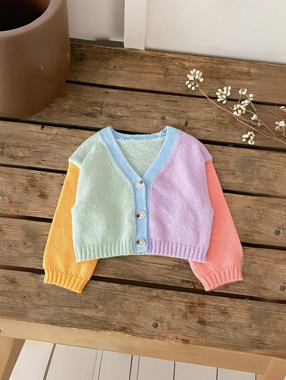 Cute Baby Girls Cardigan Sweater,Colorblock Pastel Colors Rainbow Knitwear For Autumn,Soft Summer Colour Palette,Family Matching Warm Winter Jacket