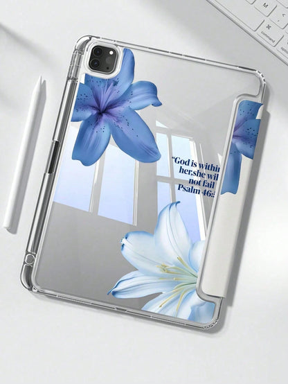 Cute Blue Flower Elements Acrylic Transparent Basic Pad Case Beautiful Cartoon Letter Double-Sided Crystal Back Cover Shock-Resistant Compatible With Ipad 7th 8th 10.2 Inch And 10th Generation It Has