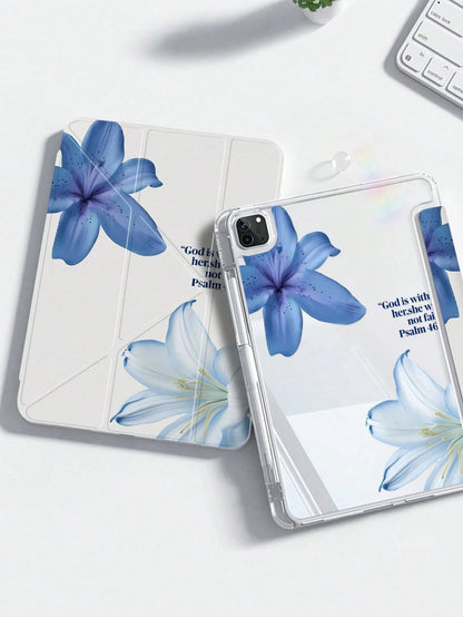 Cute Blue Flower Elements Acrylic Transparent Basic Pad Case Beautiful Cartoon Letter Double-Sided Crystal Back Cover Shock-Resistant Compatible With Ipad 7th 8th 10.2 Inch And 10th Generation It Has