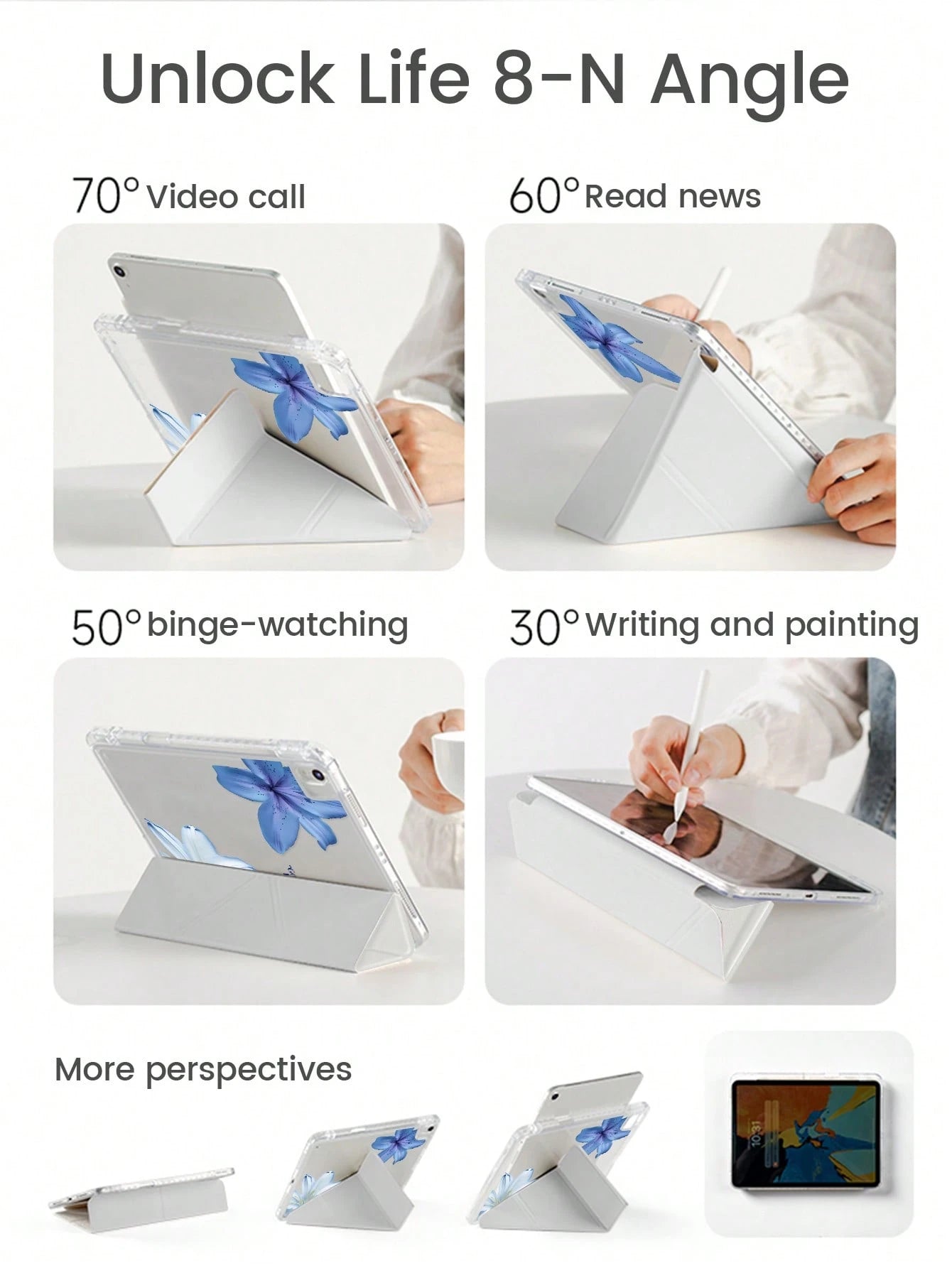 Cute Blue Flower Elements Acrylic Transparent Basic Pad Case Beautiful Cartoon Letter Double-Sided Crystal Back Cover Shock-Resistant Compatible With Ipad 7th 8th 10.2 Inch And 10th Generation It Has