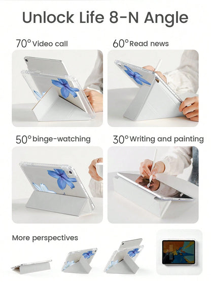 Cute Blue Flower Elements Acrylic Transparent Basic Pad Case Beautiful Cartoon Letter Double-Sided Crystal Back Cover Shock-Resistant Compatible With Ipad 7th 8th 10.2 Inch And 10th Generation It Has