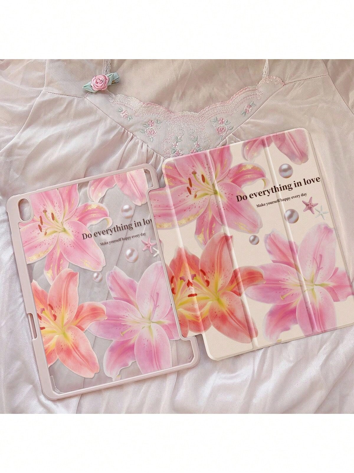 Cute Blue Flower Elements Acrylic Transparent Basic Pad Case Beautiful Cartoon Letter Double-Sided Crystal Back Cover Shock-Resistant Compatible With Ipad 7th 8th 10.2 Inch And 10th Generation It Has