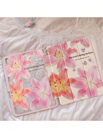 Cute Blue Flower Elements Acrylic Transparent Basic Pad Case Beautiful Cartoon Letter Double-Sided Crystal Back Cover Shock-Resistant Compatible With Ipad 7th 8th 10.2 Inch And 10th Generation It Has