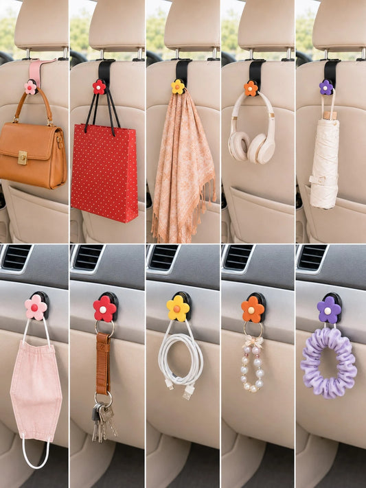 Cute Flower Car Seat Headrest Hooks, Hidden Car Hooks For Purses And Bags, Universal Back Seat Purse Hook Hanger Holder, Car Storage Organizer For Handbag Grocery Bags, Kawaii Car Interior Accessories