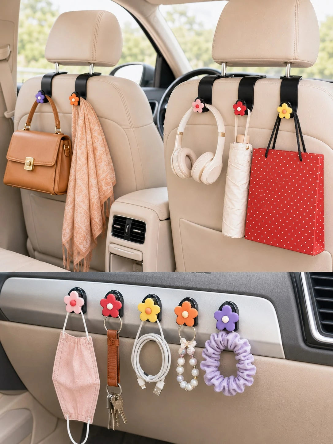 Cute Flower Car Seat Headrest Hooks, Hidden Car Hooks For Purses And Bags, Universal Back Seat Purse Hook Hanger Holder, Car Storage Organizer For Handbag Grocery Bags, Kawaii Car Interior Accessories