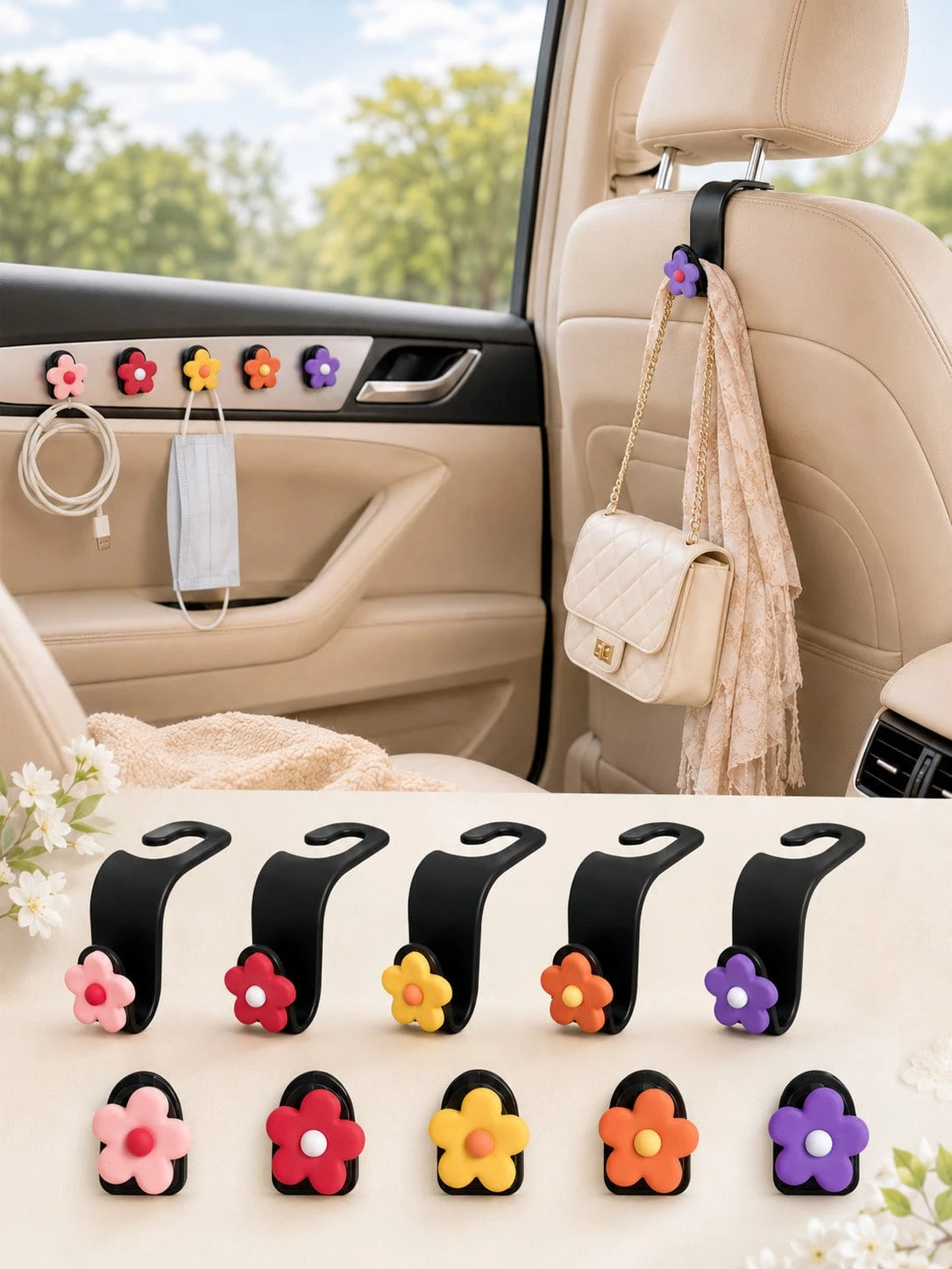 Cute Flower Car Seat Headrest Hooks, Hidden Car Hooks For Purses And Bags, Universal Back Seat Purse Hook Hanger Holder, Car Storage Organizer For Handbag Grocery Bags, Kawaii Car Interior Accessories