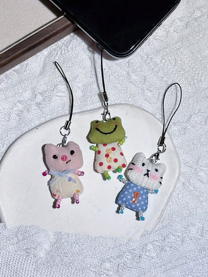 Cute Frog, Pig, Rabbit Phone Chain Handmade Beaded Keychain Accessories DIY Handmade Animal Pendant Jewelry Y2K Aesthetic Unique Lanyard Bag Charm, Can Be Hand-Sewn With Name Or Mark On Pendant, Uniqu