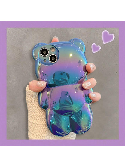 Cute Holographic 3D Bear Design Phone Case Compatible With 14 Pro Max, 13, 12Pro, 11 Waterproof Shockproof Anti-Fall Scratch Resistant
