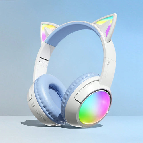 Cute RGB Cat Ear Bluetooth Headphones With LED Light Up Over-Ear Headset 20H Playtime Foldable Wireless Headphones With AUX TF Card For Gaming Music Learning