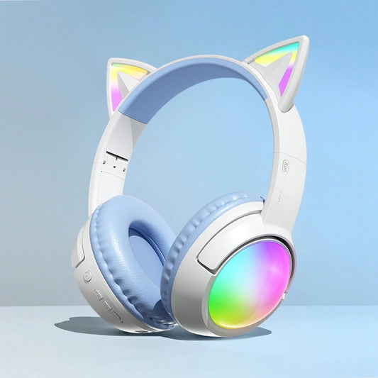 Cute RGB Cat Ear Bluetooth Headphones With LED Light Up Over-Ear Headset 20H Playtime Foldable Wireless Headphones With AUX TF Card For Gaming Music Learning
