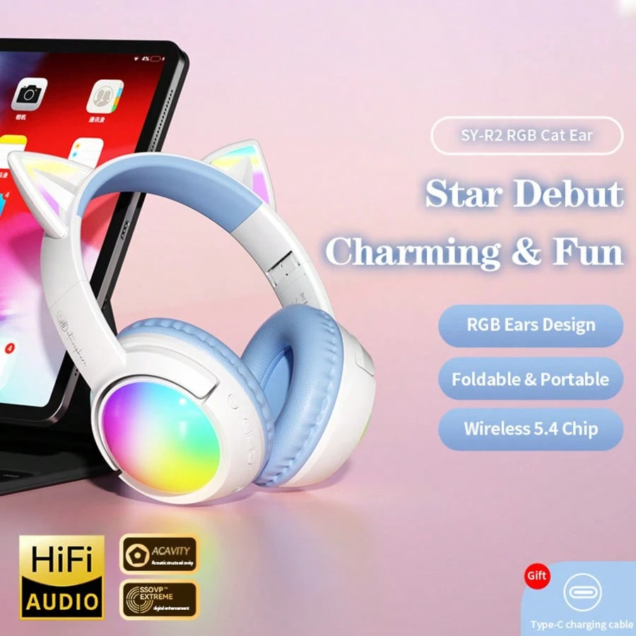 Cute RGB Cat Ear Bluetooth Headphones With LED Light Up Over-Ear Headset 20H Playtime Foldable Wireless Headphones With AUX TF Card For Gaming Music Learning