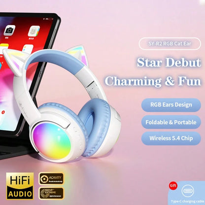 Cute RGB Cat Ear Bluetooth Headphones With LED Light Up Over-Ear Headset 20H Playtime Foldable Wireless Headphones With AUX TF Card For Gaming Music Learning