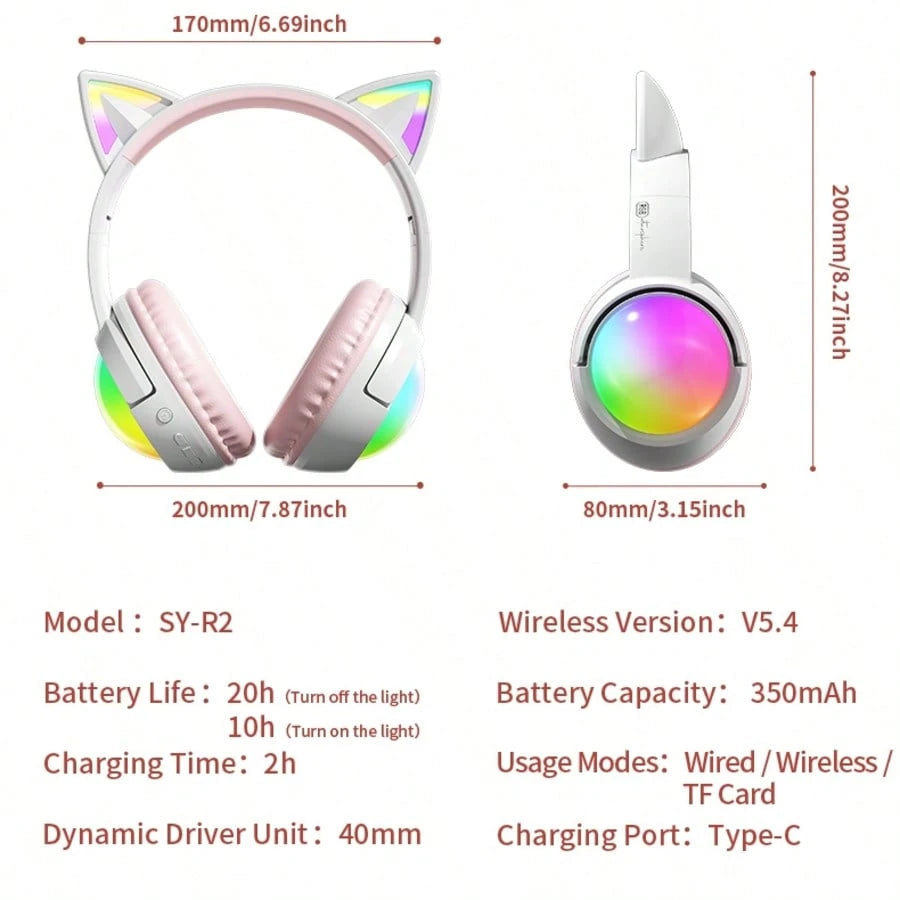 Cute RGB Cat Ear Bluetooth Headphones With LED Light Up Over-Ear Headset 20H Playtime Foldable Wireless Headphones With AUX TF Card For Gaming Music Learning