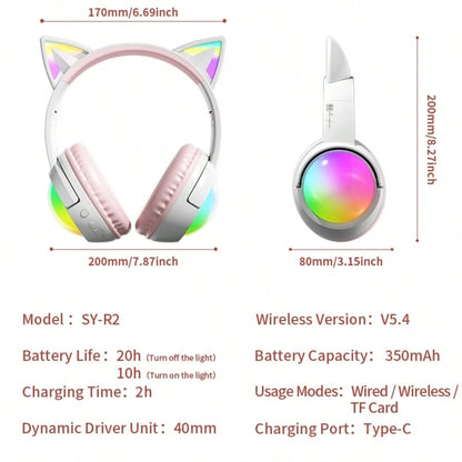 Cute RGB Cat Ear Bluetooth Headphones With LED Light Up Over-Ear Headset 20H Playtime Foldable Wireless Headphones With AUX TF Card For Gaming Music Learning