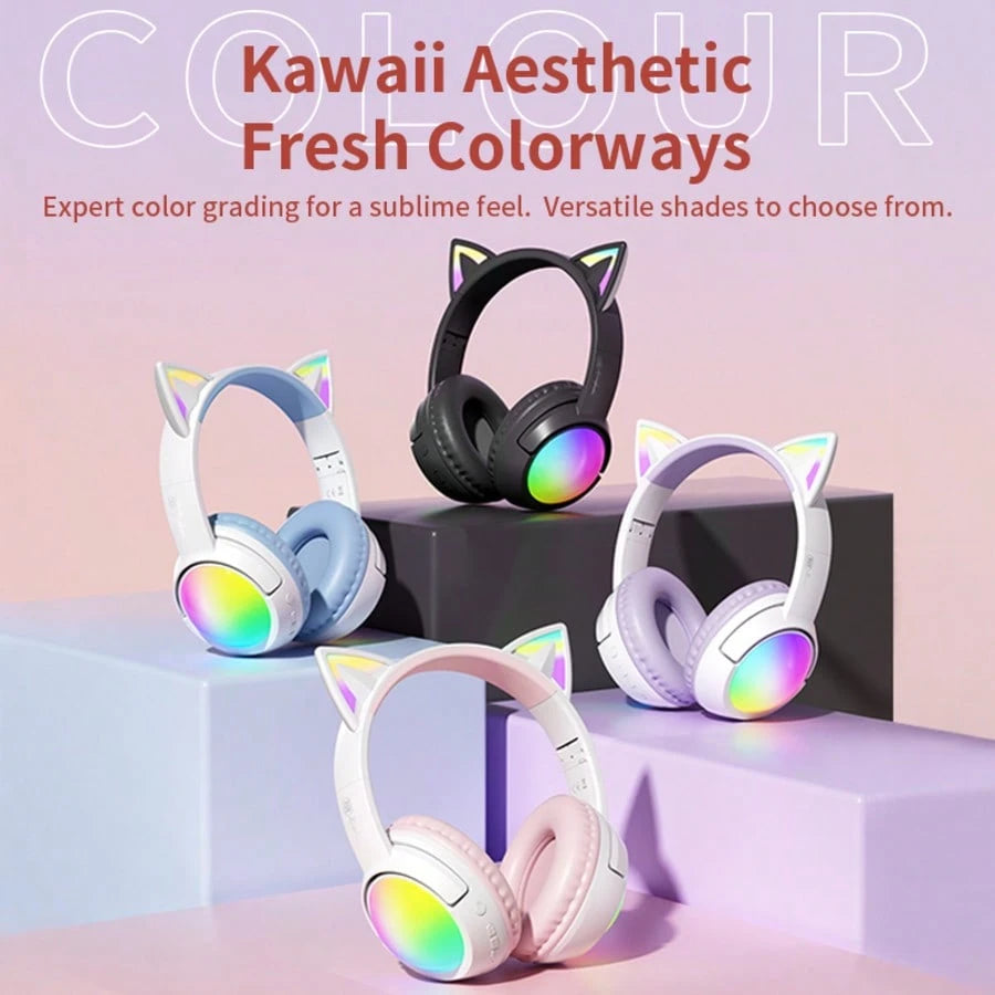 Cute RGB Cat Ear Bluetooth Headphones With LED Light Up Over-Ear Headset 20H Playtime Foldable Wireless Headphones With AUX TF Card For Gaming Music Learning