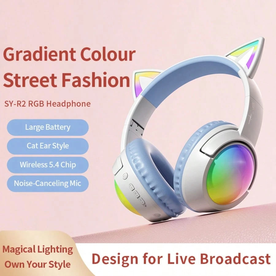 Cute RGB Cat Ear Bluetooth Headphones With LED Light Up Over-Ear Headset 20H Playtime Foldable Wireless Headphones With AUX TF Card For Gaming Music Learning