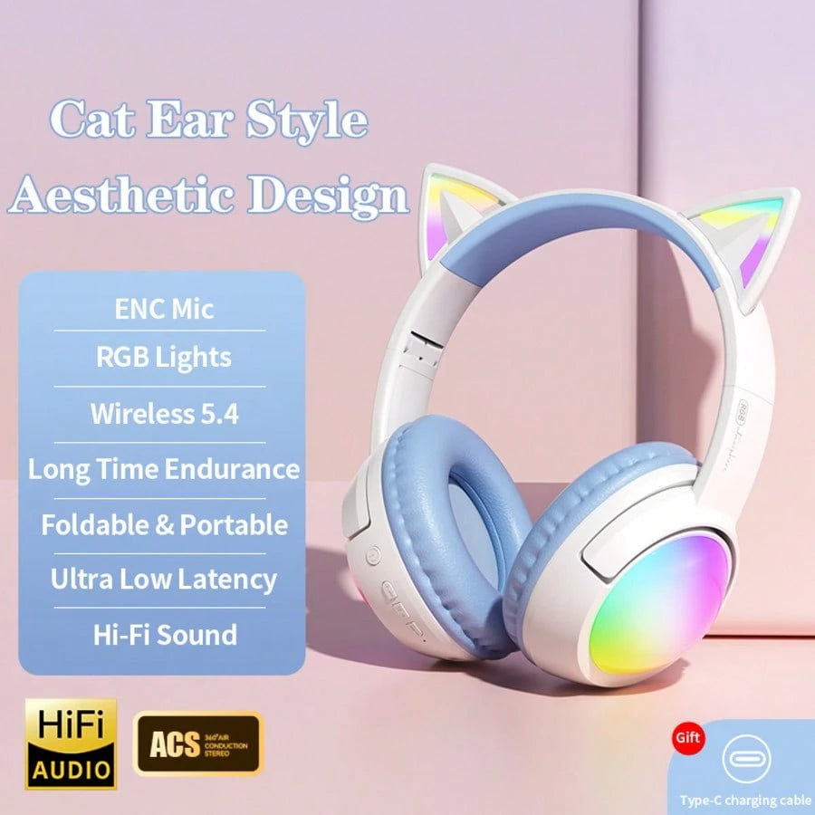 Cute RGB Cat Ear Bluetooth Headphones With LED Light Up Over-Ear Headset 20H Playtime Foldable Wireless Headphones With AUX TF Card For Gaming Music Learning